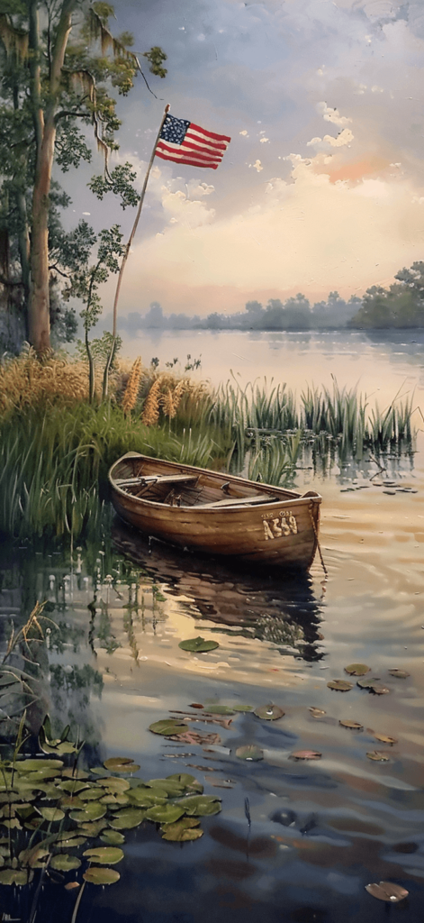A serene lake scene with a rowboat and a historically accurate American flag fluttering in the gentle breeze, capturing the beauty of the great outdoors. 