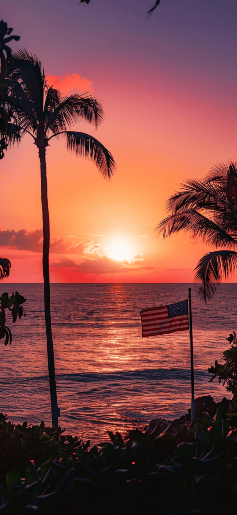 A vibrant sunset over the ocean with a silhouette of palm trees and a visually accurate American flag flying in the distance.