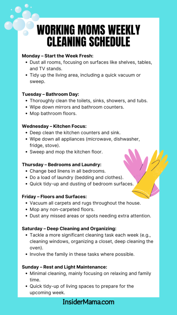 working moms weekly cleaning schedule graphic