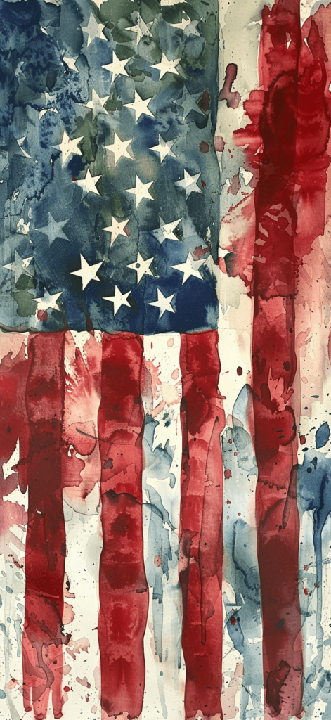 An respectful artistic rendition of the American flag painted with watercolors, honoring the flag