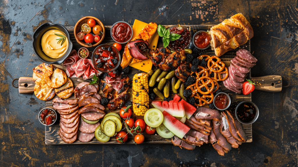 A summer BBQ charcuterie board featuring smoked gouda and cheddar cheese, BBQ chicken slices, and beef jerky. The board is filled with pickles, grilled corn slices, and cherry tomatoes. Watermelon, peaches, and blackberries add a fruity touch. Pretzels and cornbread slices are arranged around the board with small bowls of BBQ sauce and ranch dip.