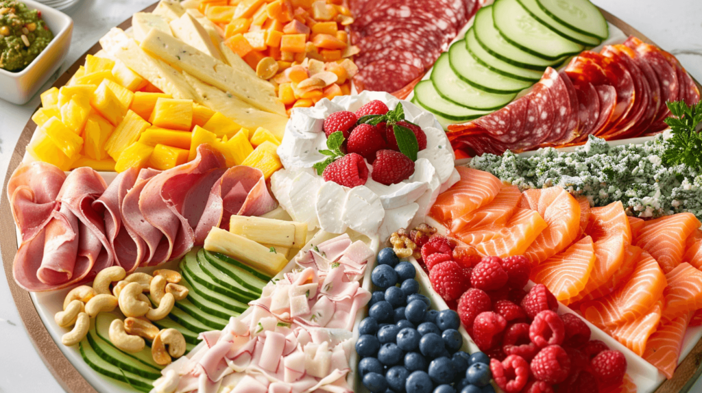 A beach ball-shaped charcuterie board featuring cheddar and Monterey Jack cheese, smoked salmon and turkey, blueberries, raspberries, and pineapple arranged to resemble a beach ball. Cucumber slices and bell pepper strips form the sections of the ball, with cashews and macadamia nuts scattered around. Small bowls of tzatziki and spinach artichoke dip are placed on the board.

