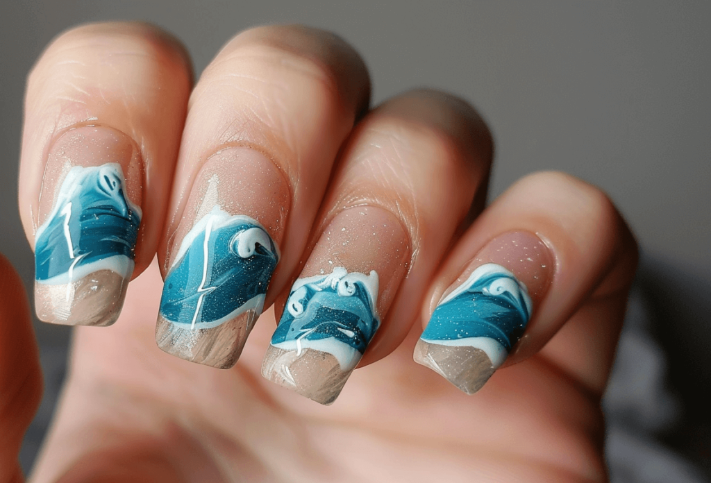 A set of nails on a hand designed for a tropical vacation, featuring aqua blue and sandy beige polish with a subtle wave pattern across each nail. 