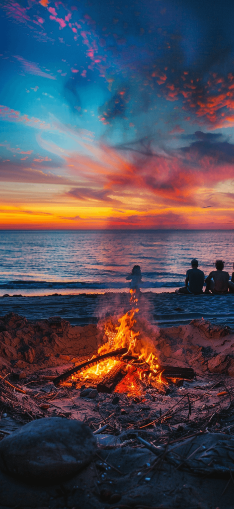A beach bonfire at dusk, flames crackling with a group of people gathered around, the ocean and a colorful sky in the background.