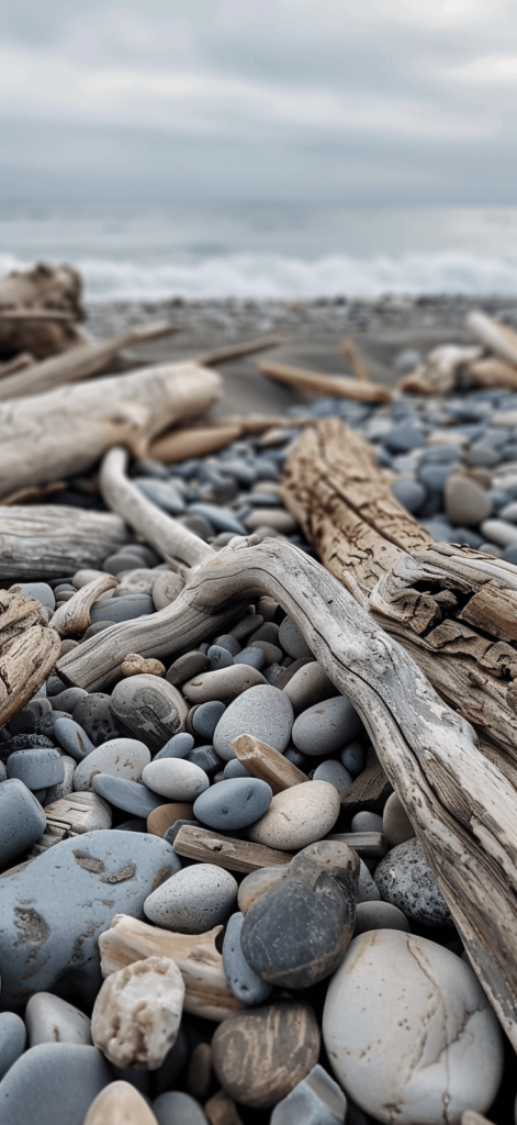 A collection of driftwood and pebbles on the beach, natural textures and muted colors, with a glimpse of the ocean in the background.