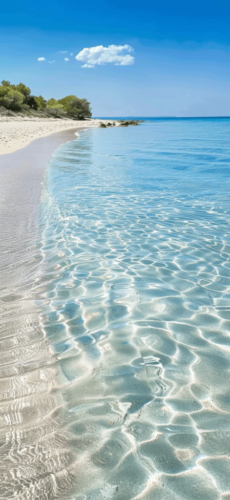 Clear, blue ocean water sparkling under the sunlight, with gentle waves and a sandy ocean floor visible beneath. beachy backgrounds