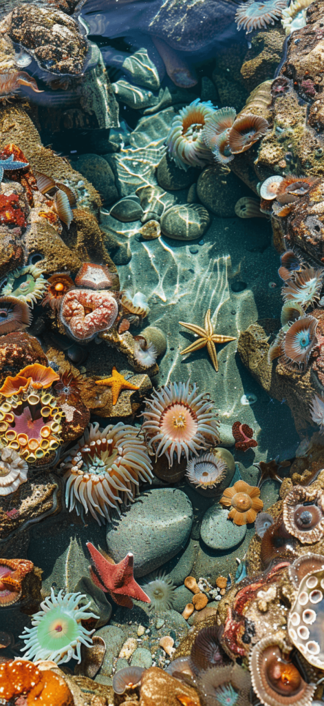 A tidal pool at the beach, filled with colorful marine life, starfish, anemones, and small fish visible in the clear water.