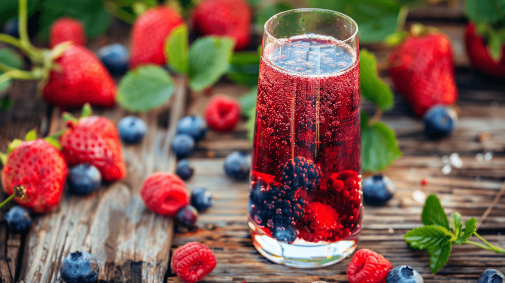 A glass with a colorful berry puree made of strawberries, blueberries, and raspberries filling the bottom quarter of the glass. Above this puree, the glass is filled halfway with berry juice, and then topped with sparkling wine, leaving the top quarter of the glass clear. The drink is garnished with a few whole berries on the rim. The scene is set on a rustic wooden table with a vibrant summer garden in the background. No whole berries floating in the liquid.