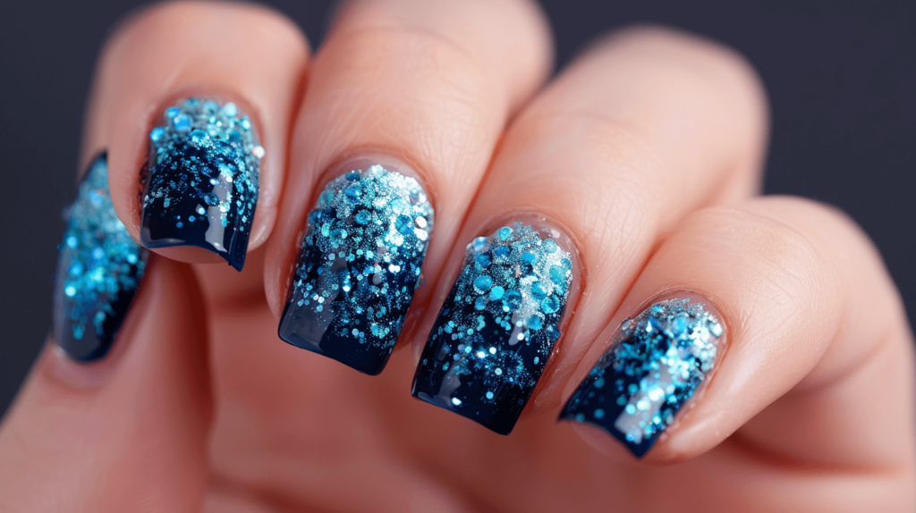 A manicure with a sparkling effect, featuring a base coat of navy blue and a top layer of chunky turquoise glitter, reminiscent of a nighttime ocean scene.