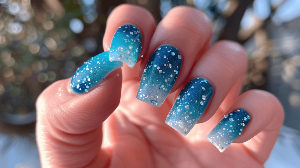 A hand displaying nails painted in a gradient from sky blue to ocean deep blue, each nail dotted with tiny silver glitter to mimic the sparkle of sunlight on water. 