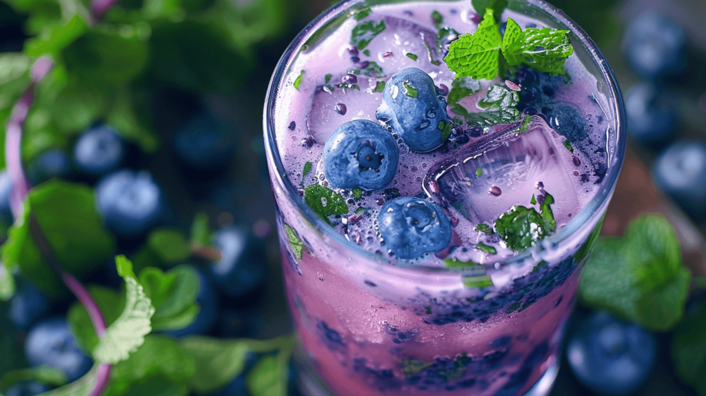 A fresh, icy mocktail with crushed blueberries and mint, served in a frosty glass, perfect for cooling down on a hot day. 