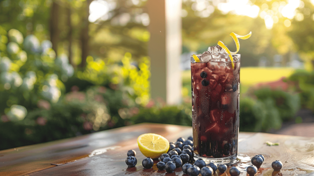 A glass with muddled blueberries at the bottom, mixed with lemon juice, and topped with sparkling wine. Garnished with whole blueberries and a lemon twist, set on a wooden table with a view of a sunny backyard garden.