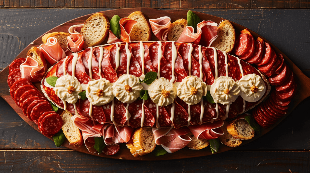 A playful charcuterie board designed to resemble a football, perfect for a sports-loving dad on Father's Day. The football shape is made from dark rye bread slices at the center, surrounded by a layer of salami, and then a final outer layer of prosciutto. Small dollops of cream cheese serve as the lacing. 