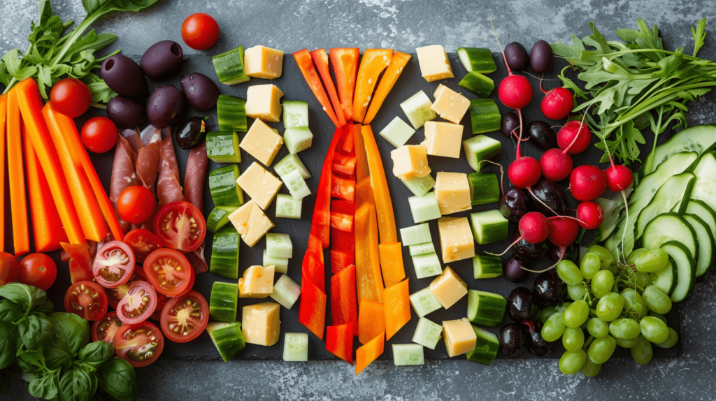 A Father's Day themed charcuterie board where the food creates the shape of a necktie. Use an array of colorful vegetables like strips of red bell pepper, carrot, and cucumber to outline the tie, fill it with a mosaic of cheddar and mozzarella cheese squares, and accent it with rows of cherry tomatoes and black olives.