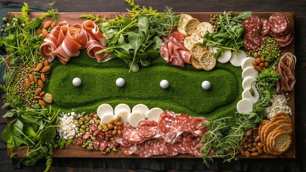 A golf-themed Father's Day charcuterie board designed to delight any golf-loving dad. The board features a green base of fresh arugula or spinach mimicking a putting green, complete with a pathway of prosciutto representing the fairway. Use small rounds of white cheese or mozzarella balls as golf balls, and strategically place them along the 'fairway'. Add sand traps made from small piles of finely chopped nuts or crumbled feta. Surround the green with a variety of meats, cheeses, and crackers, simulating the rough areas of a golf course. This playful and creative setup is not only a nod to Dad’s favorite hobby but also a delicious centerpiece for the celebration.
