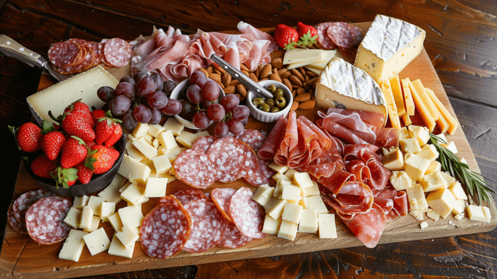 Set up a rustic wooden charcuterie board with a mix of cheeses, meats, and fruits. Choose sharp cheddar, brie, and blue cheese for variety. Add sliced salami, prosciutto, and smoked turkey for meats. Complement these with fresh grapes, strawberries, and a small bowl of almonds. This traditional arrangement offers a delightful variety of flavors and textures.