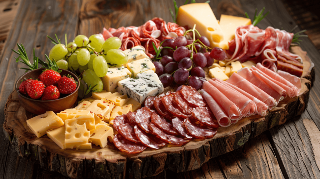 A rustic wooden charcuterie board filled with an assortment of cheeses, meats, and fruits, arranged traditionally without any specific shape. The board features a mix of sharp cheddar, brie, and blue cheese, alongside sliced salami, prosciutto, and smoked turkey. Fresh grapes, strawberries, and a small bowl of almonds complement the arrangement.