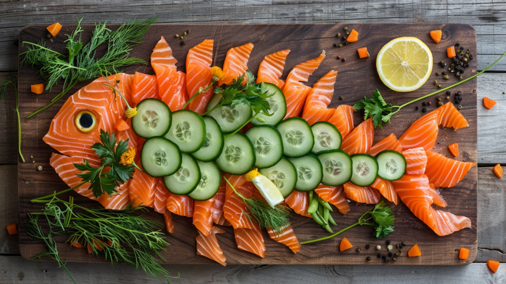 A charcuterie board arranged to look like a fish, ideal for dads who love fishing. Use smoked salmon to create the body, slices of cucumber for scales, a slice of lemon for the eye, and sprigs of dill around the edge to represent water. 