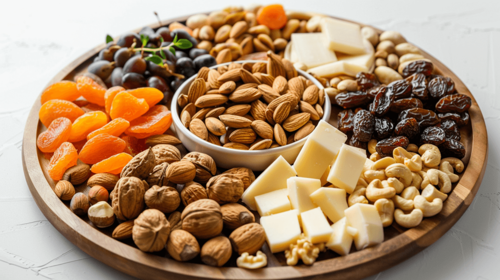A minimalist charcuterie board for Father's Day, with an emphasis on a variety of nuts and dried fruits, arranged without forming any specific shape. Include walnuts, almonds, dried apricots, and dates alongside small wedges of brie and slices of smoked gouda.