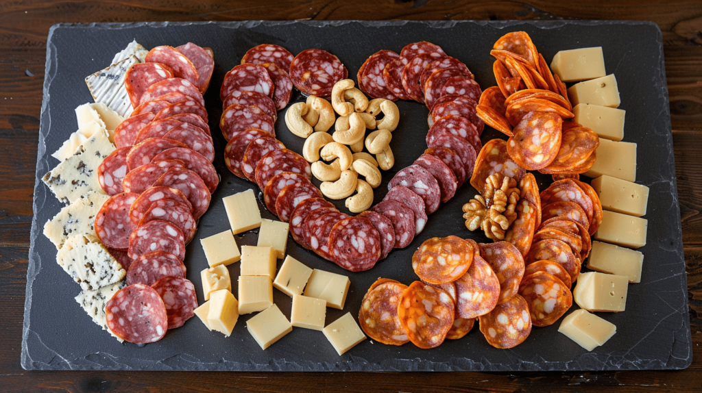 A large slate charcuterie board showcasing a heart-shaped arrangement of meats and cheeses for Father's Day. The heart is formed by arranging slices of pepperoni and soppressata bordered by cubes of pepper jack and swiss cheese. The center of the heart features a small pile of roasted cashews. 
