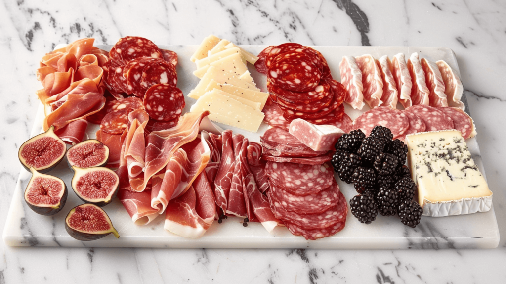 An elegant marble charcuterie board displaying a variety of gourmet meats and cheeses, with no specific shape. Include thinly sliced chorizo, capicola, and pâté, paired with gouda, manchego, and goat cheese. Add small bunches of blackberries and slices of figs for a touch of sweetness.