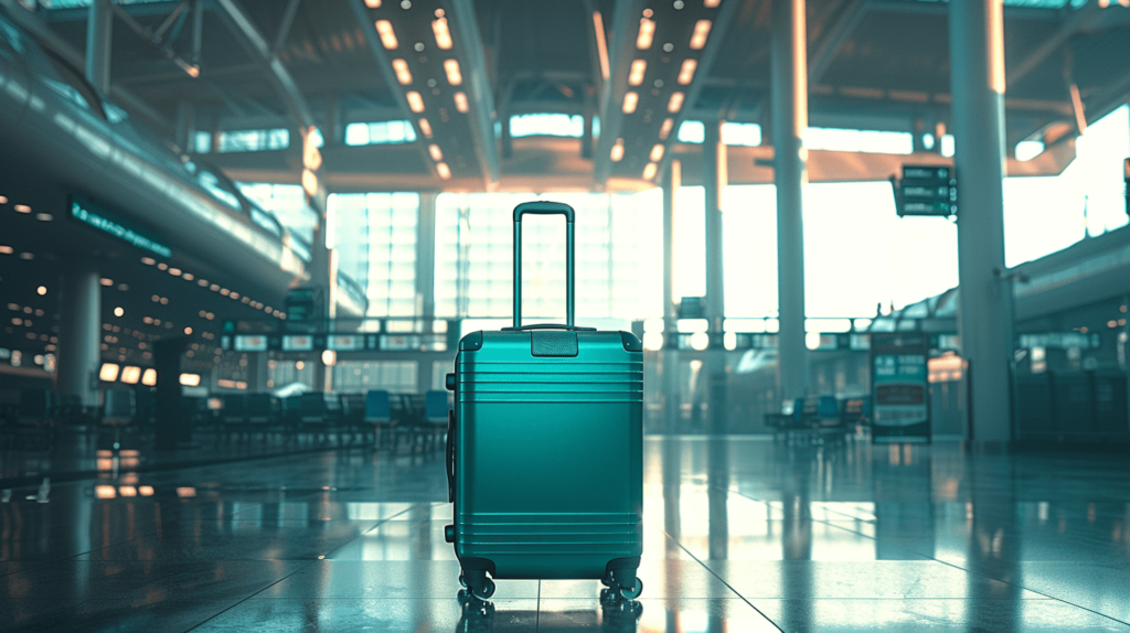 image of a sleek, modern carry-on suitcase standing alone in the middle of an airport terminal. The suitcase is depicted with a vibrant exterior, perhaps in a bold color like teal or silver, highlighting its stylish and compact design. Around the suitcase, the environment of the airport is captured in detail: sprawling, with high ceilings, large windows showing planes on the tarmac, and digital flight information boards displaying various destinations. The setting is early morning, with soft sunlight filtering through the windows, casting gentle shadows and creating a serene travel atmosphere. The focus is on the suitcase, symbolizing travel efficiency and adventure. 