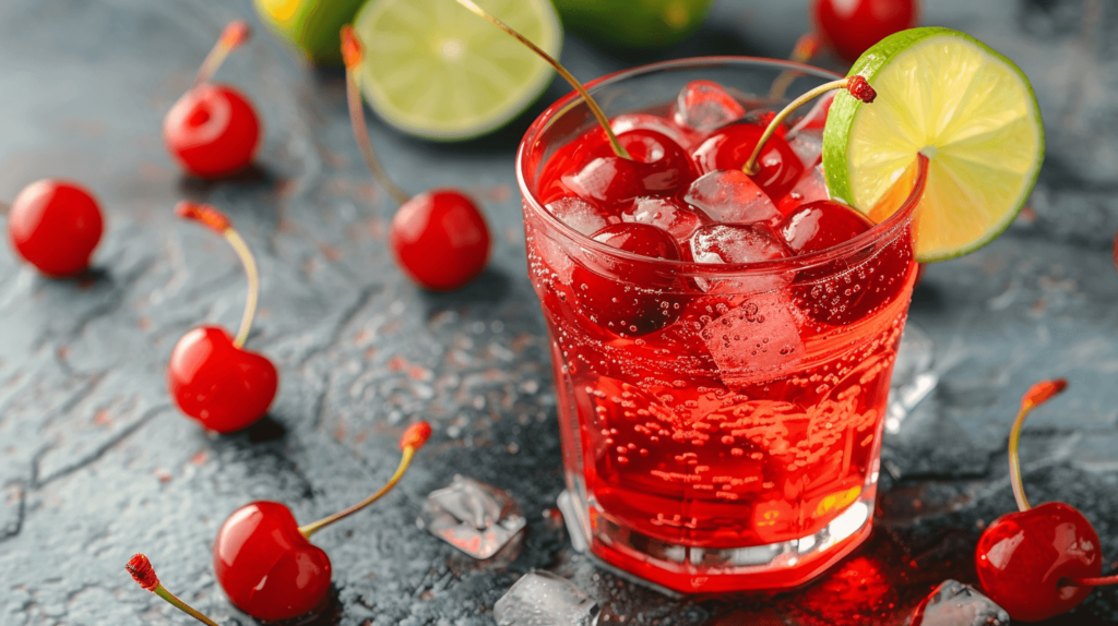A bright red cherry and lime mocktail, with whole cherries and lime slices in a glass, vibrant and fizzy, perfect for a festive occasion.