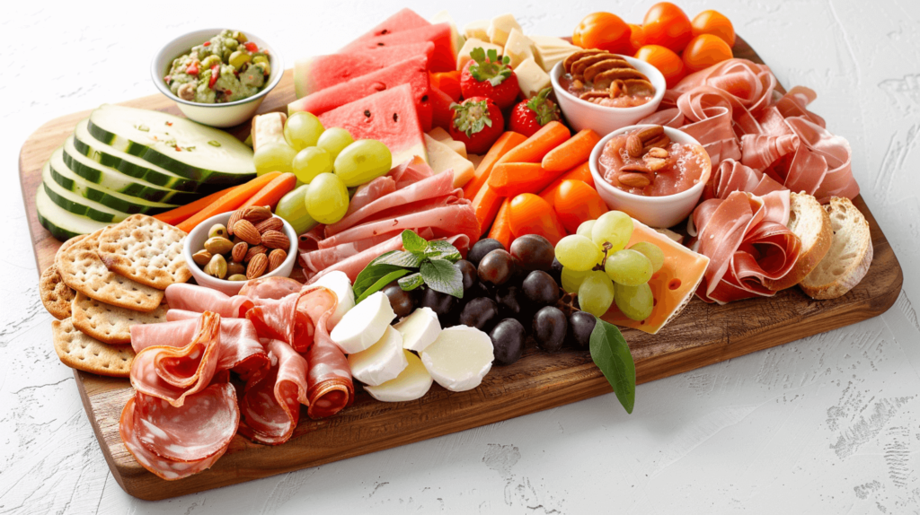 A classic summer charcuterie board on a wooden platter, featuring fresh mozzarella, cheddar, and gouda cheese, prosciutto, salami, and smoked turkey. Fresh watermelon slices, strawberries, grapes, carrot sticks, cucumber slices, and cherry tomatoes are arranged neatly. Almonds and pistachios are sprinkled throughout, with whole grain crackers and baguette slices filling in gaps. Small bowls of hummus, guacamole, and honey are placed around the board.