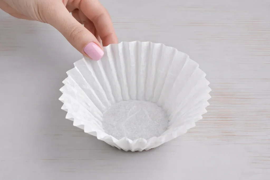 woman's hand grabbing a coffee filter from the counter