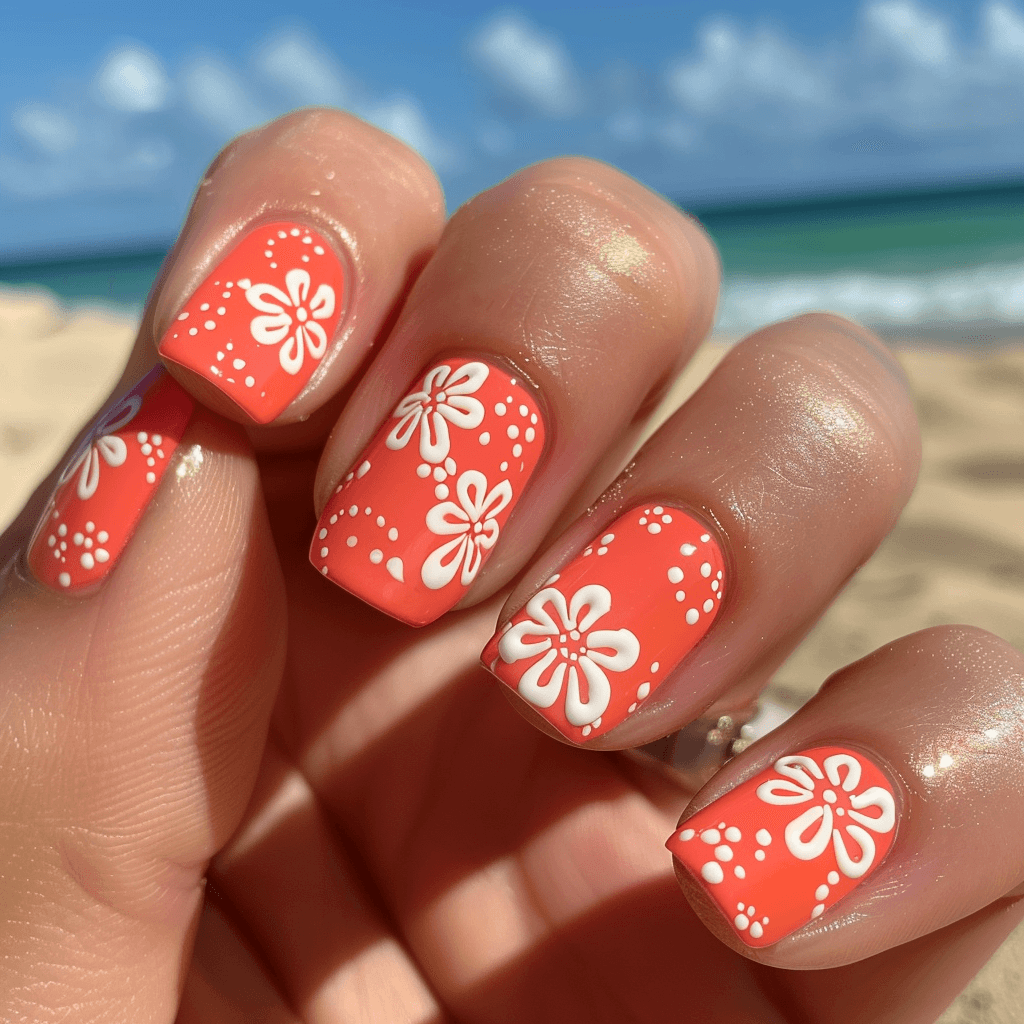 A close-up image of summer nails painted in bright coral, with small white floral patterns on the accent nails, set against a background of a sandy beach. 