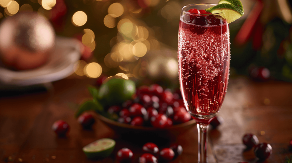 A glass filled halfway with cranberry juice, topped with sparkling wine. Garnished with cranberries and a lime twist, set on a festive table with holiday decorations and a cozy, warm atmosphere.