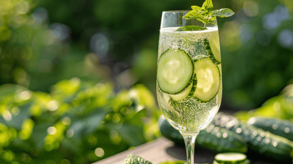 A glass with muddled cucumber slices and mint leaves, mixed with sparkling water, and topped with sparkling wine. Garnished with a cucumber slice and a mint sprig, set on a garden table with fresh cucumbers and a sunny, green background.