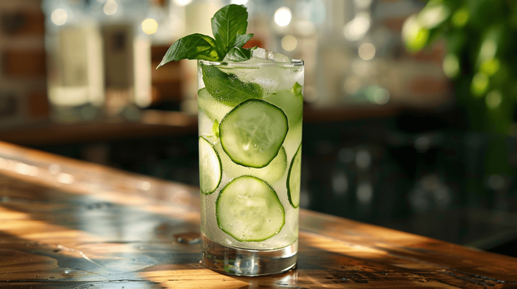 A refreshing drink in a tall glass, filled with thinly sliced cucumbers and green basil leaves, topped with sparkling water and ice, set on a wooden table. 