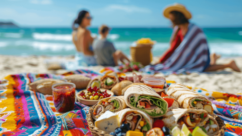 A family enjoying a picnic at a beach, sitting around a vibrant picnic blanket covered with different types of wraps, cheese and charcuterie, and homemade snacks, with the ocean in the background.