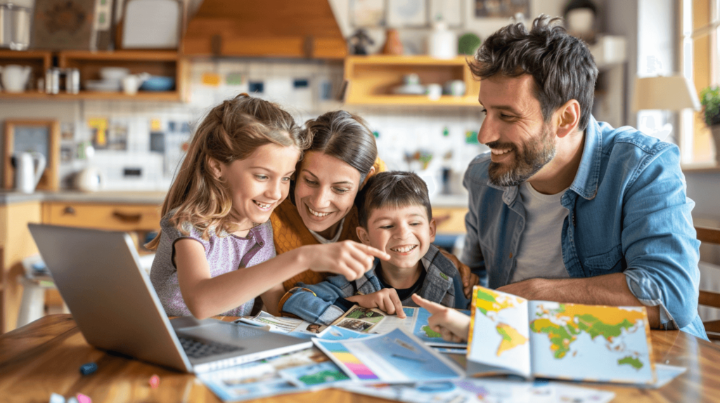 A cheerful family of four planning a budget-friendly vacation around a kitchen table. The table is covered with travel brochures, a laptop showing travel deals, and a world map. The parents and two children are smiling and pointing at different destinations on the map. The background shows a cozy, well-lit kitchen with family photos on the wall and a calendar marked with vacation dates. The scene is lively, with vibrant colors and a sense of excitement and anticipation.
