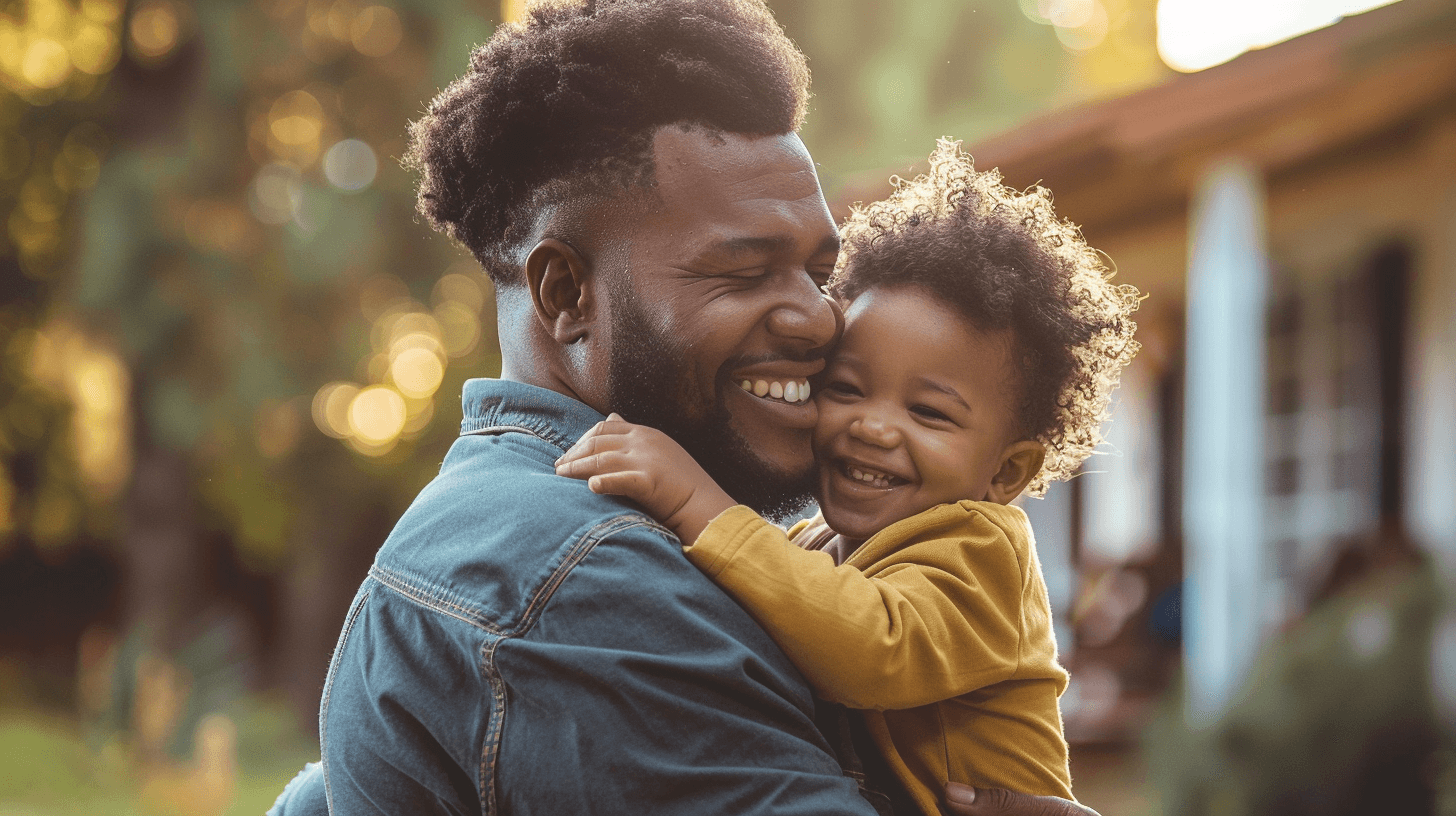 Create an image of a father and child sharing a heartfelt moment. The father could be holding the child, playing with them, or laughing together. The background should be a simple, cozy setting like a living room, park, or backyard with soft, natural lighting to create an intimate and warm atmosphere. The overall feel should be casual, relatable, and heartwarming, highlighting the strong bond and love between the father and child.