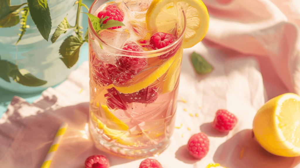 A fizzy, refreshing drink with raspberries and lemon, the bright colors popping against a light, airy summer picnic setting.