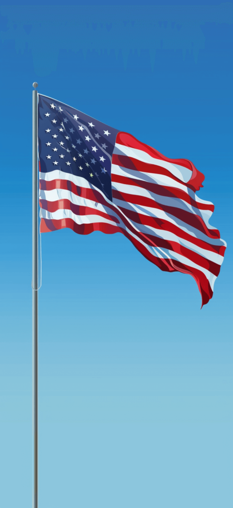 A realistic and accurate patriotic American flag waving against a clear blue sky