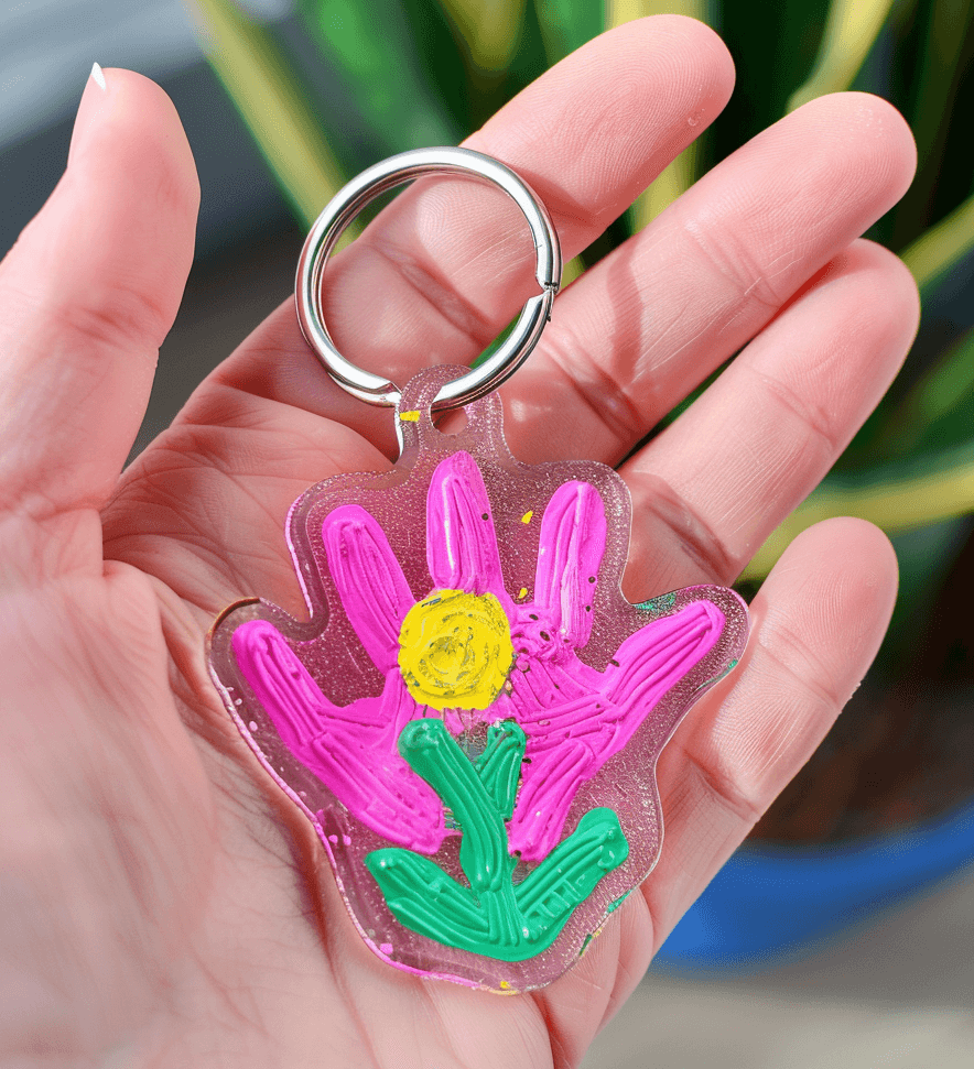 image of a hand holding a small, colorful keychain. The keychain features a Shrinky Dink handprint, where each of the five fingers is used as a petal of a flower, colored in vibrant pink. The palm of the hand acts as the base of the flower, also in pink. At the center of the palm is a bright yellow circle, representing the core of the flower. A green stem with leaves extends from the bottom of the palm. This composition forms a full flower design. The keychain material is glossy and durable, suggesting it's made from hardened Shrinky Dink plastic. The background should be neutral and blurred to emphasize the keychain held between the fingers, showcasing its compact size and the detailed, colorful design. 