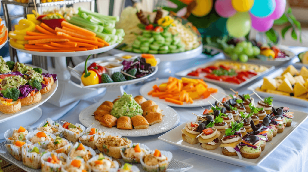 A vibrant buffet-style food spread at a graduation party. The table is covered with a white cloth and adorned with a variety of dishes. There are platters of mini sandwiches, sliders, and chicken wings, along with bowls of dips and spreads like guacamole, salsa, and hummus. Fresh veggie platters with carrots, celery, and bell peppers sit next to trays of fruit salad and cheese and cracker assortments. Desserts like cupcakes, brownies, and chocolate-covered strawberries are also displayed. The background shows festive graduation decorations, balloons, and a lively, celebratory atmosphere.