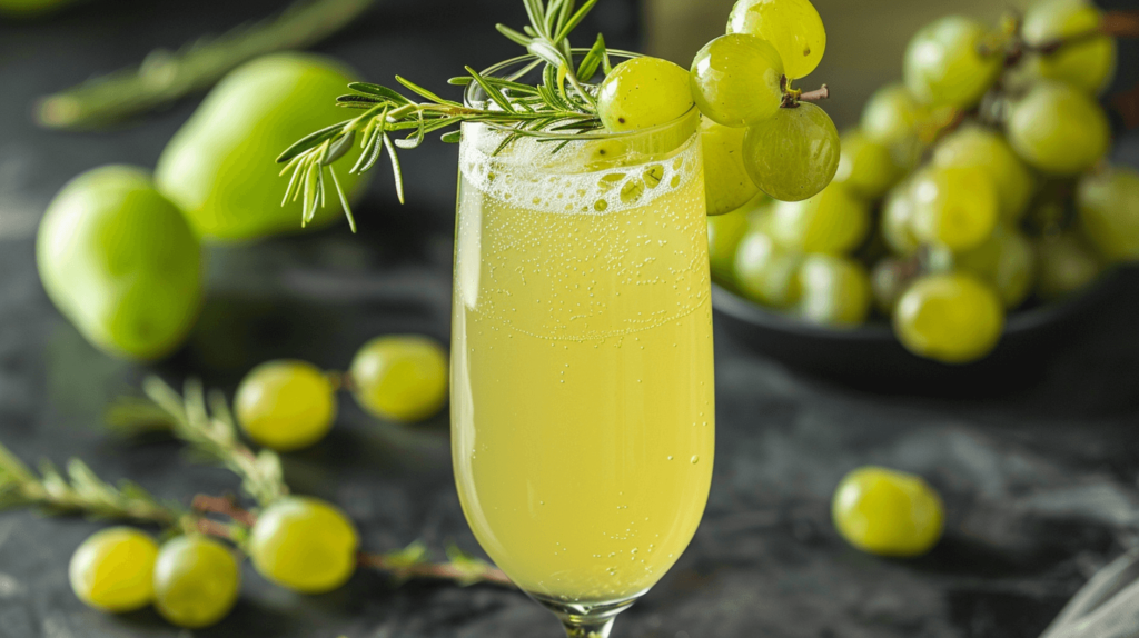 A unique mocktail with green grapes and a sprig of rosemary in a sparkling fizzy base, served in a sophisticated stem glass. 