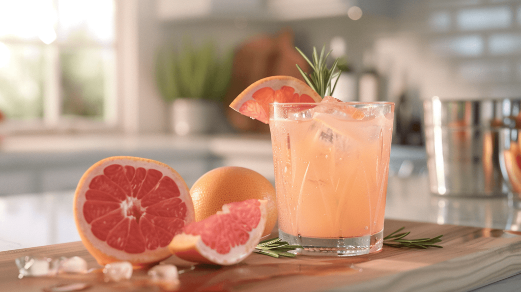 A glass filled halfway with grapefruit juice, topped with sparkling wine. Garnished with a grapefruit slice and a rosemary sprig, placed on a modern kitchen island with fresh grapefruits and minimalist décor.