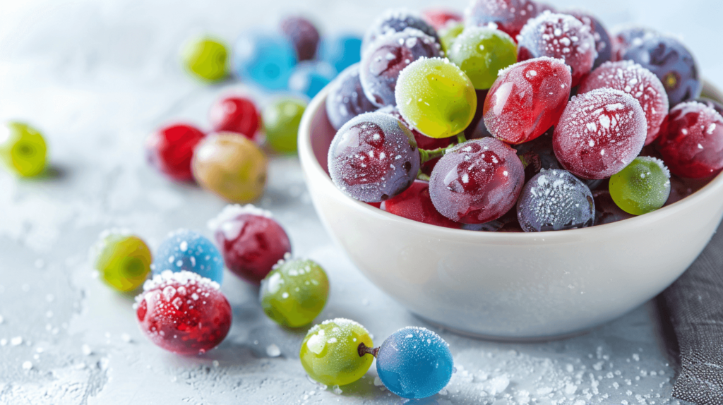 A bowl of vibrant, frozen grapes coated in colorful Jello powder, with some grapes spilling out onto a clean, white surface. The colors should be bright and varied, showcasing a mix of red, green, and purple grapes with red, blue, and green Jello coating. The background is simple and light, highlighting the refreshing and appetizing appearance of the grapes.