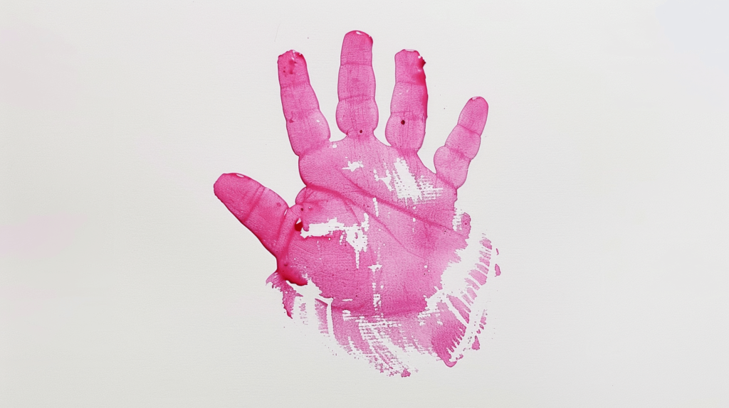 A vibrant and colorful image of a baby's handprint made with non-toxic, washable paint in shades of pink. The handprint is centered on a plain white paper. The paint is bright and clearly defined, showcasing various tones of pink, blending slightly at the edges. The texture of the paint is thick and glossy, emphasizing the unique lines and wrinkles of the baby's hand. The background is simple and uncluttered to highlight the handprint as the focal point of the image.