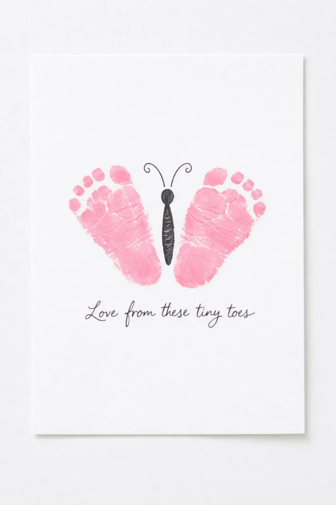 photo of a Mother's Day infant footprint craft on bright white cardstock, two small baby footprints stamped in soft pink paint and turned into butterfly wings, simple hand-drawn butterfly body in the center with thin black lines, delicate handwritten message underneath that says "Love from these tiny toes", clean white background, bright natural window light, crisp details, soft shadows, sweet spring feel, realistic paint texture