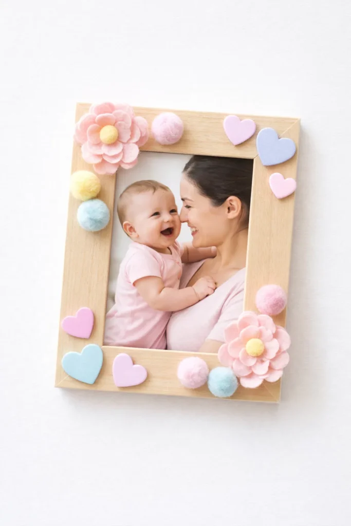 hyper-realistic photo of a handmade Mother’s Day picture frame craft for infants, plain small wooden frame decorated with soft pink felt flowers, pastel foam hearts, and a few chunky pom-poms, a favorite photo of a baby with mom inside the frame, sweet homemade look, baby-safe craft style, clean white tabletop, bright natural window light, crisp details, soft shadows, polished but realistic, simple spring colors, flat lay craft photography, no hands, no people outside the printed photo, no clutter, no watermark