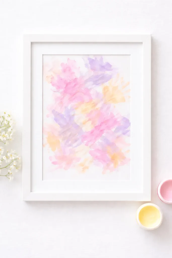 hyper-realistic photo of a baby’s first artwork for Mother’s Day, abstract infant finger painting made with soft pink, lavender, peach, and pale yellow baby-safe paint on bright white paper, sweet messy handmade look, visible little smears and swipes from tiny hands, framed in a simple white frame, styled on a clean white tabletop, bright natural window light