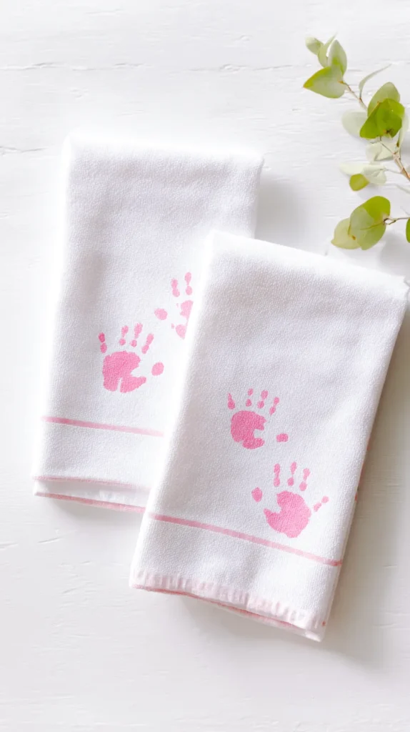 hyper-realistic photo of handmade custom handprint towels for Mother’s Day, two soft white kitchen towels neatly folded on a clean white surface, each towel decorated with small infant handprints in soft pink baby-safe fabric paint, sweet homemade look, simple and useful gift idea for moms or grandmas, bright natural window light, crisp details, soft shadows, minimal spring styling, polished but realistic, clean editorial craft photography, no people, no hands, no clutter, no watermark, no text overlay