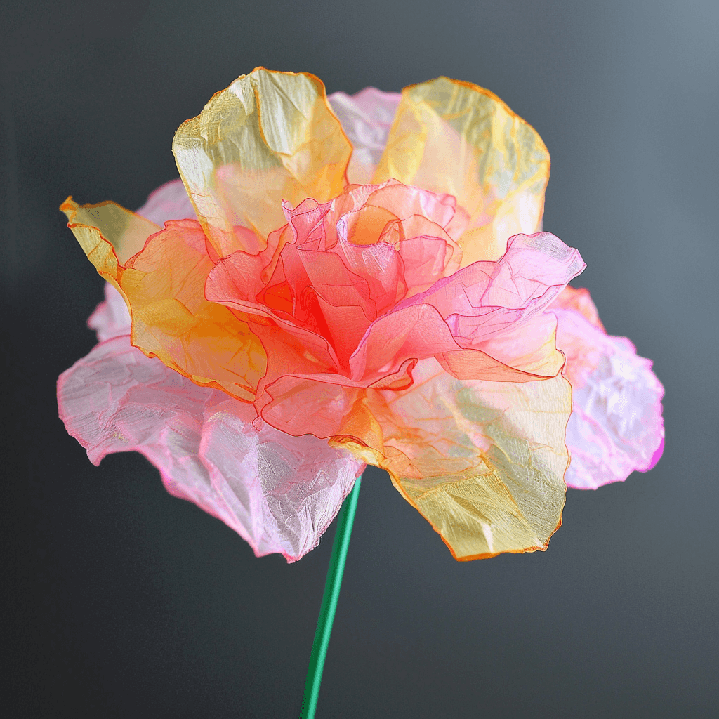 pink and yellow coffee filter flower with green stem