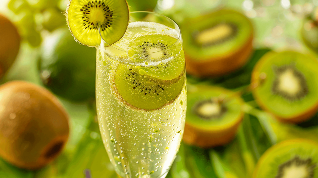 A glass with kiwi puree mixed with lime juice, topped with sparkling wine. Garnished with a kiwi slice and a lime wheel, set on a tropical-themed table with fresh kiwis and bright, cheerful surroundings.